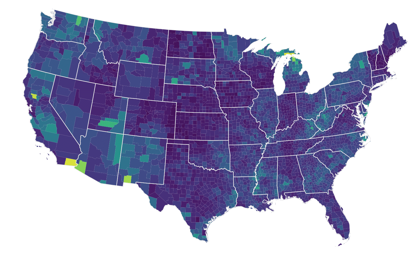 A detailed map of the USA that shows how ggplot2 can create complex data visualizations.