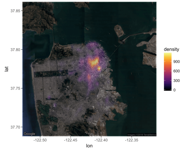 A San Francisco crime heatmap in R, made with ggplot2 and the inferno color palette from the viridis package.