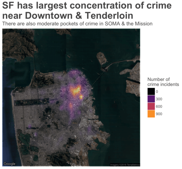 San Francisco crime heatmap, with title and legend