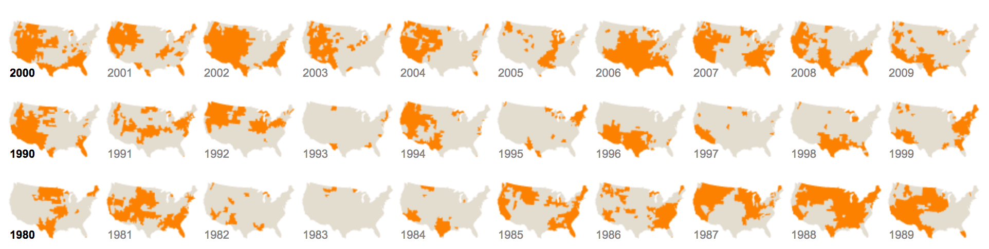 An example of a small multiple map of the USA, from the New York Times.
