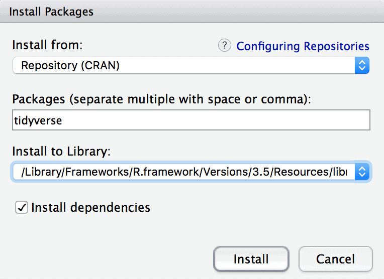 An image that shows how to install the tidyverse package in RStudio.