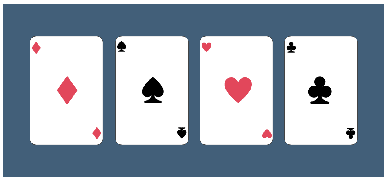 An image of four playing cards: a diamond, a spade, a heart, and a club.