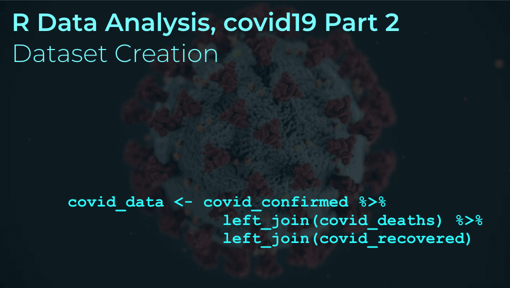 An image showing R data manipulation data, joining together covid19 datasets, with a sars-cov-2 virus in the background.