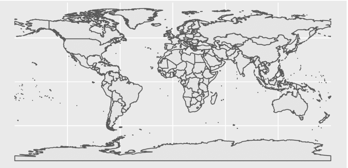 An image of a simple map of the world, made with ggplot2 in R.