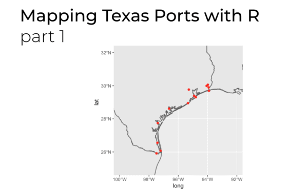 An image of Texas ports, mapped along the Texas coastline using R.