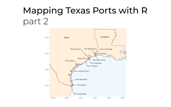 An map of Texas ports made in R with ggplot2 and the sf package.
