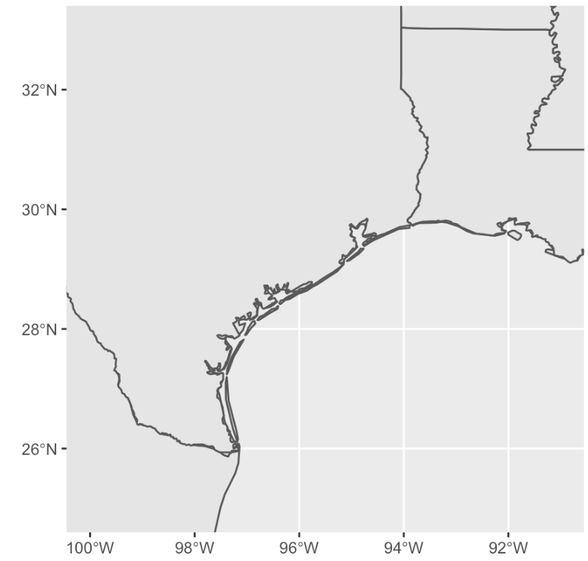 An image of a simple map of the Texas/Louisiana coast made in R with ggplot2.