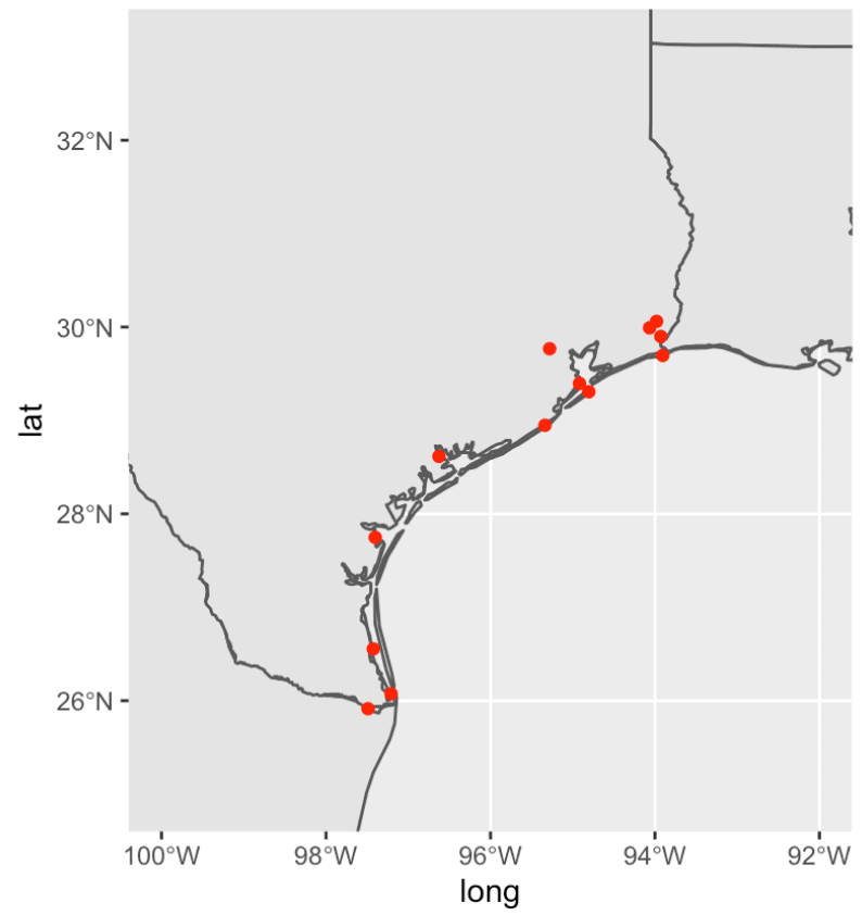 A map of the Texas coast, with the locations of 13 different Texas ports plotted with red points.