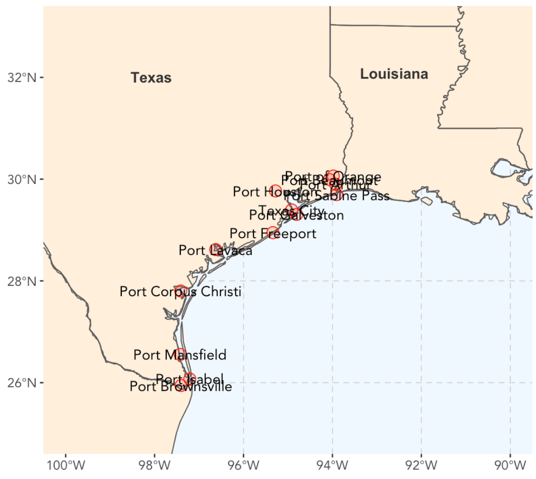 A map of Texas ports made in R with ggplot2 and geom_sf.  The port names are added to the map, but they are heavily overlapping each other.