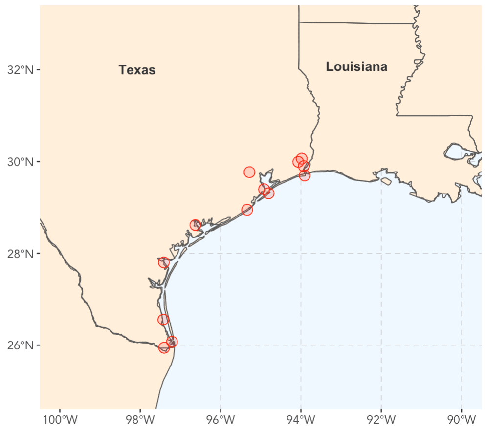 An image of Texas ports plotted on a map, with the states labels of "Texas" and "Louisiana" added to the map.  Made with geom_sf.