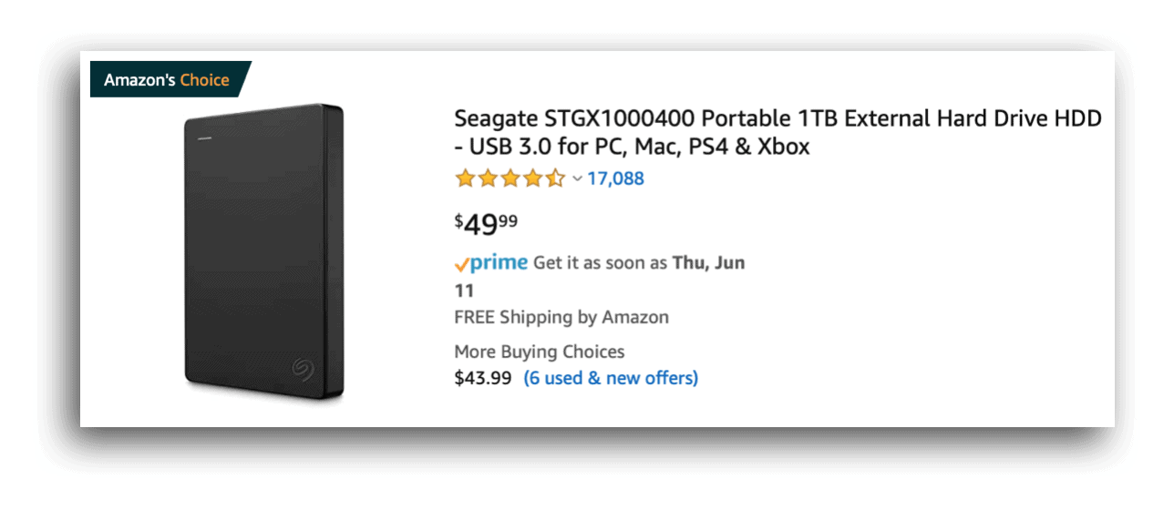 An image showing a 1 terabyte hard drive for sale on Amazon for $49.99.
