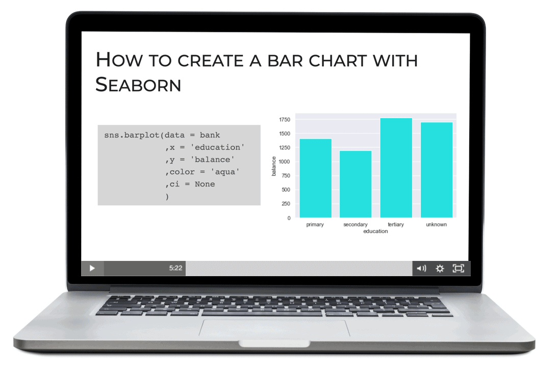 An image of a laptop, showing a video on how to create a bar chart with Seaborn