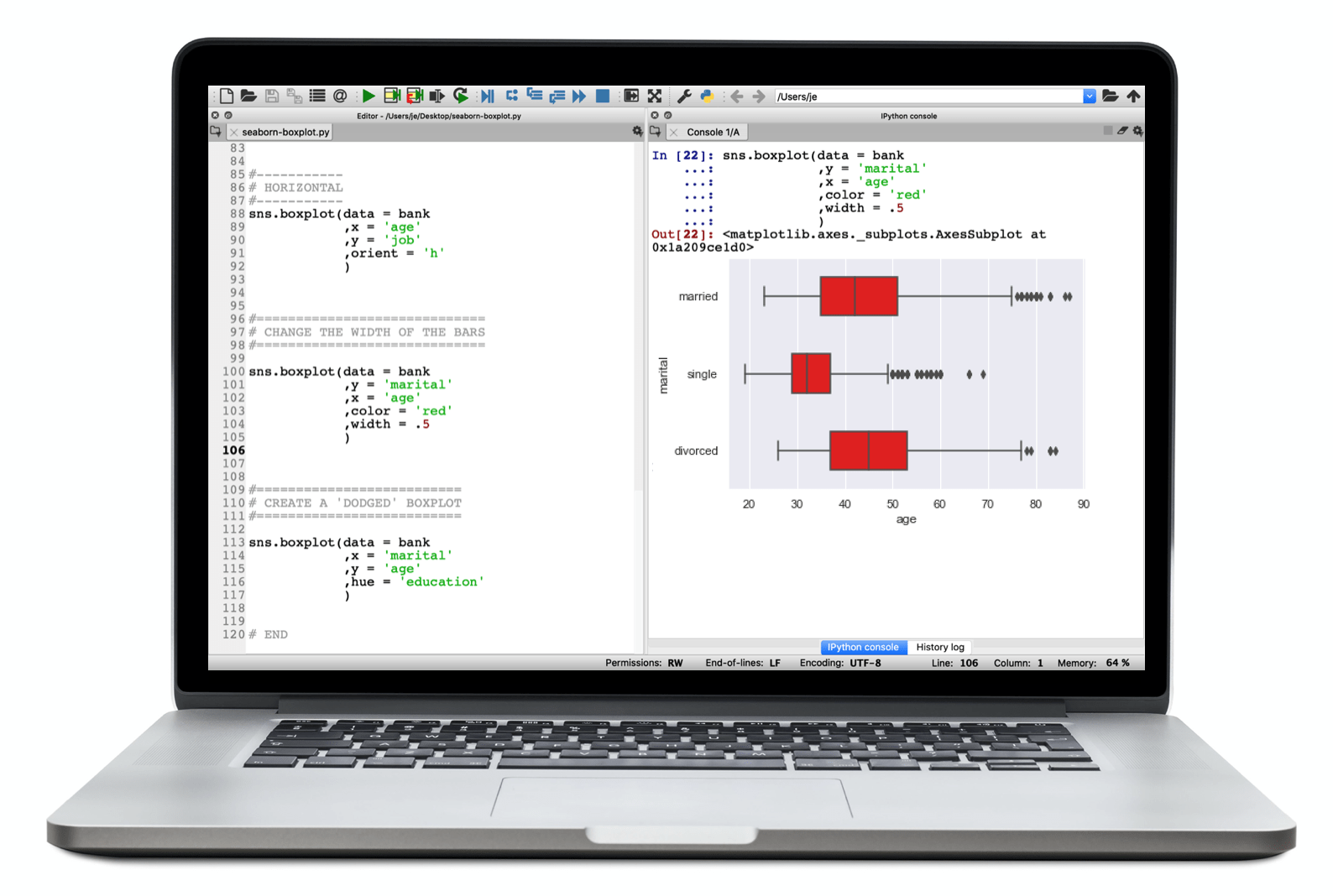 An image of a laptop, showing an IDE with Seaborn code and a corresponding red boxplot.