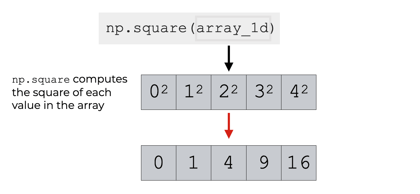 An image that shows how Numpy square computes the squares of the values in a 1 dimensional array.