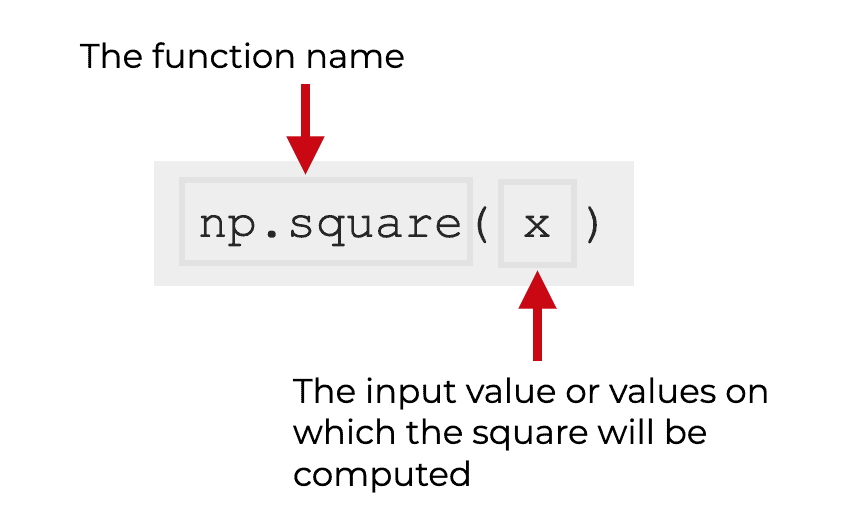 An image that explains the syntax of np.square.
