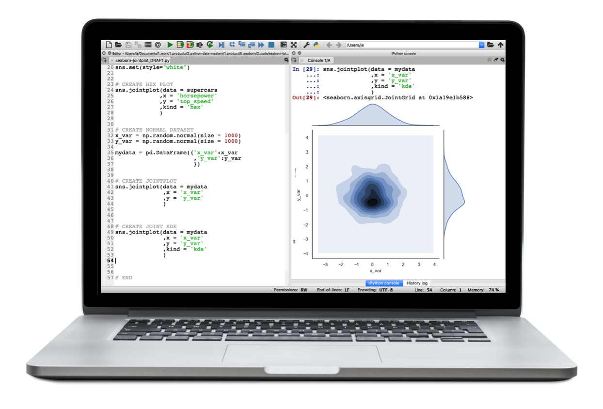 A laptop showing code that creates a 2-dimensional "jointplot" with Seaborn.