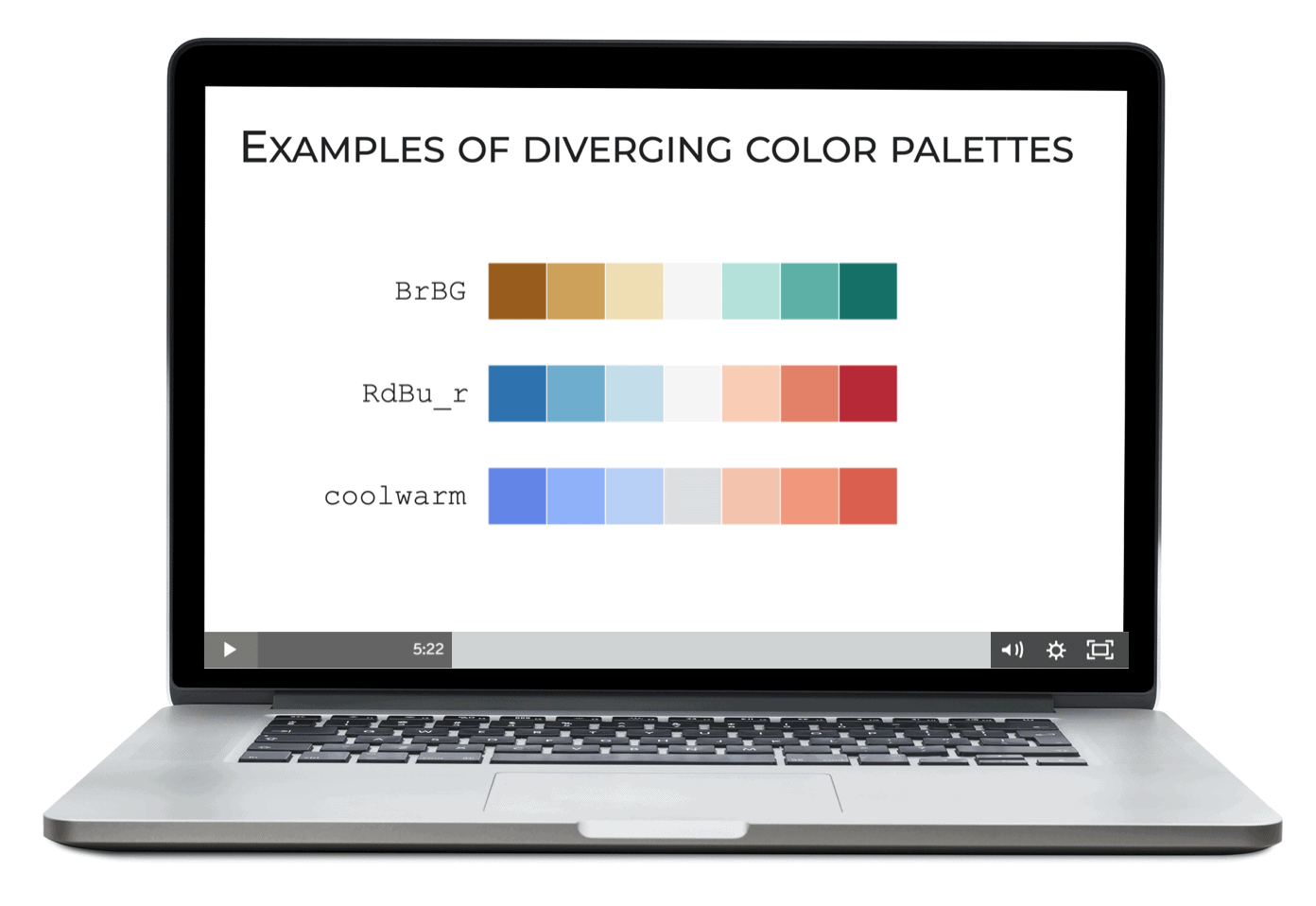 A laptop showing several diverging color palette options for Seaborn.