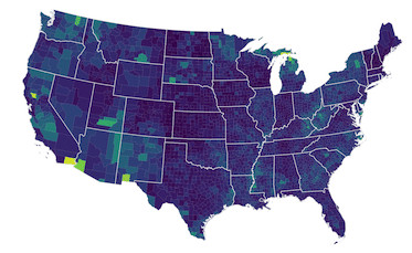An image of the counties in the United States, colored according to unemployment rate.