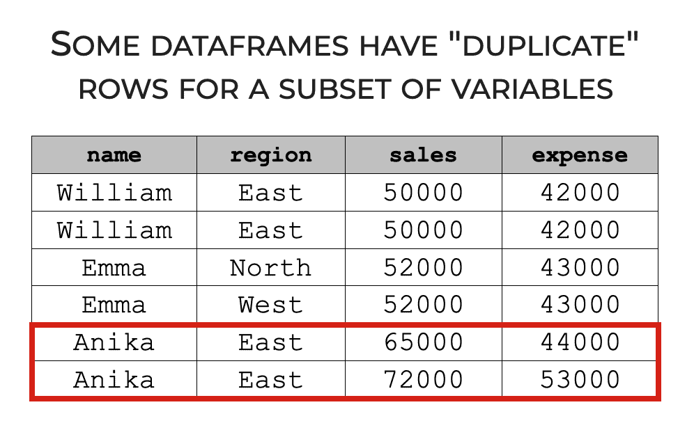 A picture of a dataframe that has duplicate data for two variables, but where the data for the remaining variables is different.