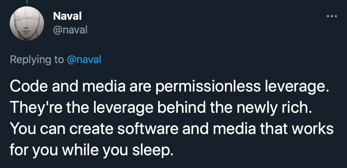 A tweet by Naval Ravikant that says "code and media are permissionless leverage"