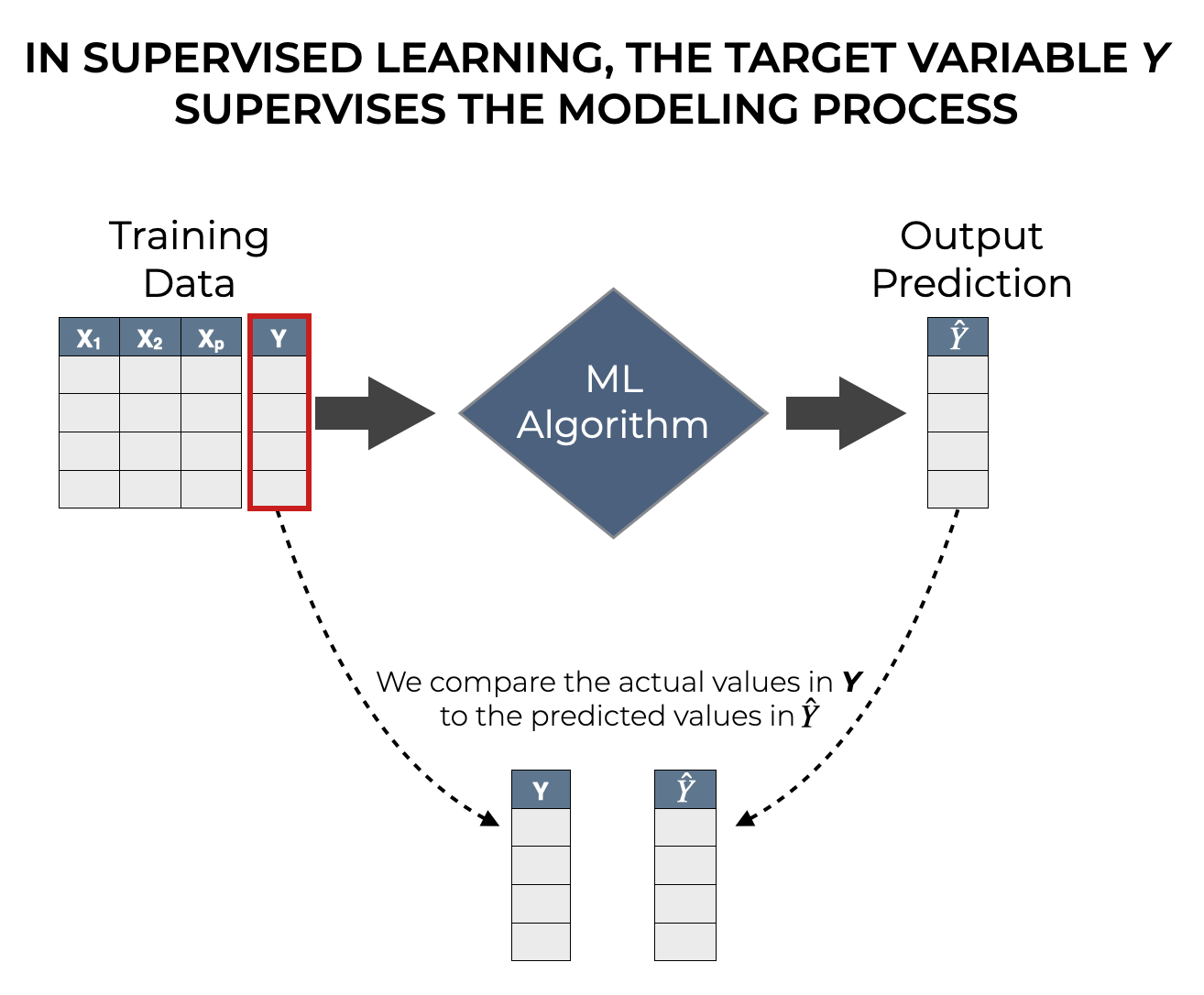 An image that shows how the target variable, Y, supervises the creation of the model in supervised learning.