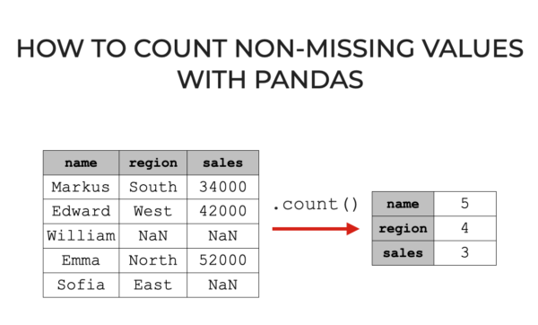 An image showing how the Pandas count technique counts non-missing values in a Pandas dataframe or Series.