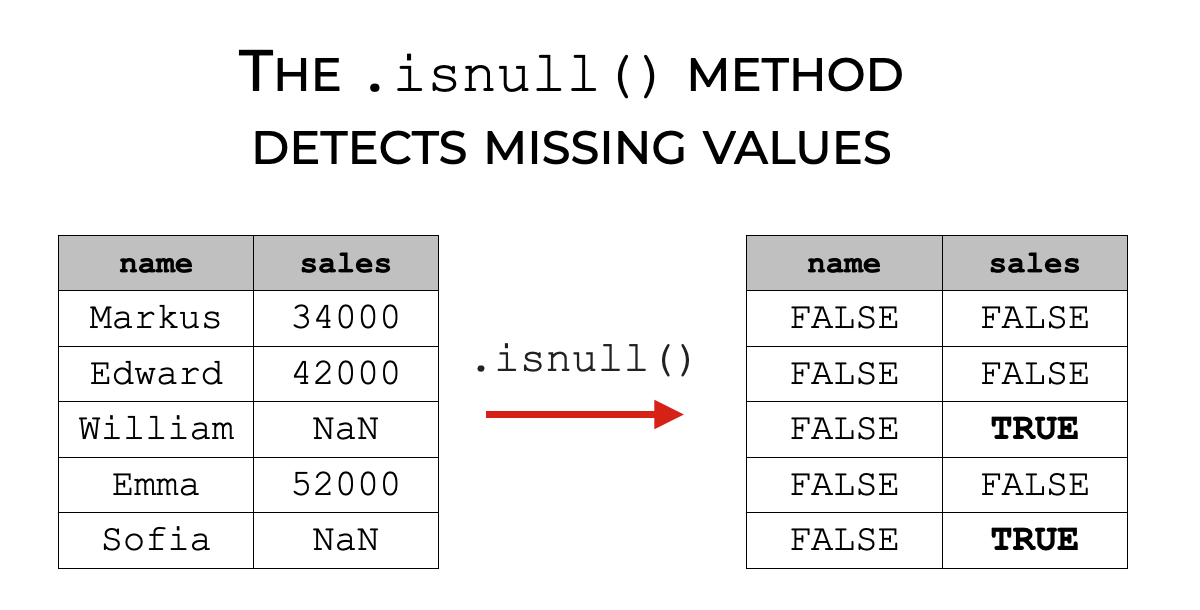An image that shows Pandas isnull detecting missing values in a Pandas dataframe.
