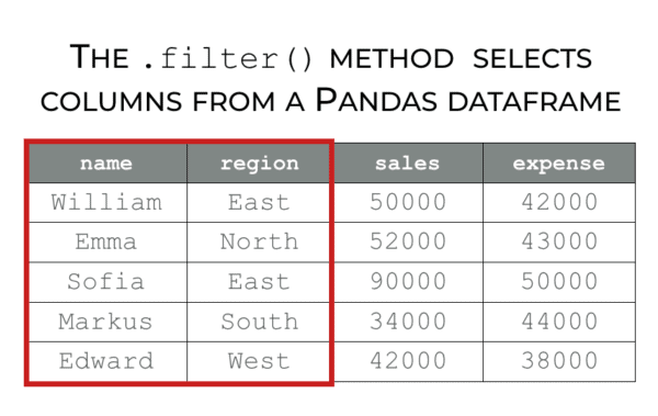 An image that shows the filter method selecting two columns from a Pandas DataFrame.