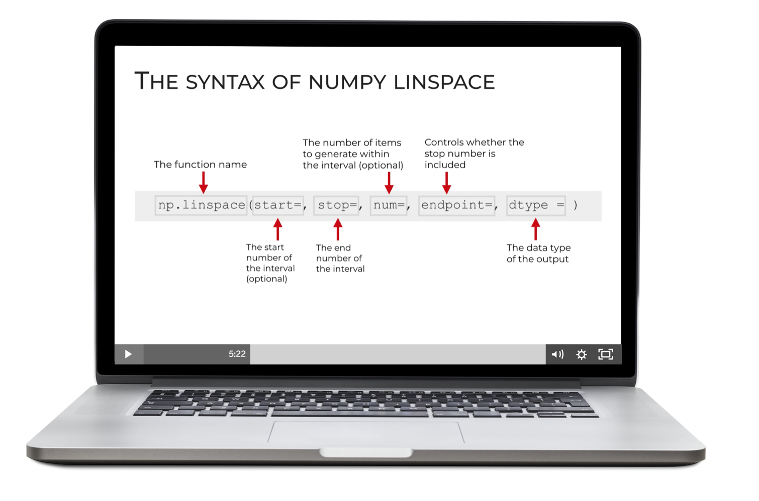 An image that shows a laptop with a video explaining the syntax of Numpy Linspace