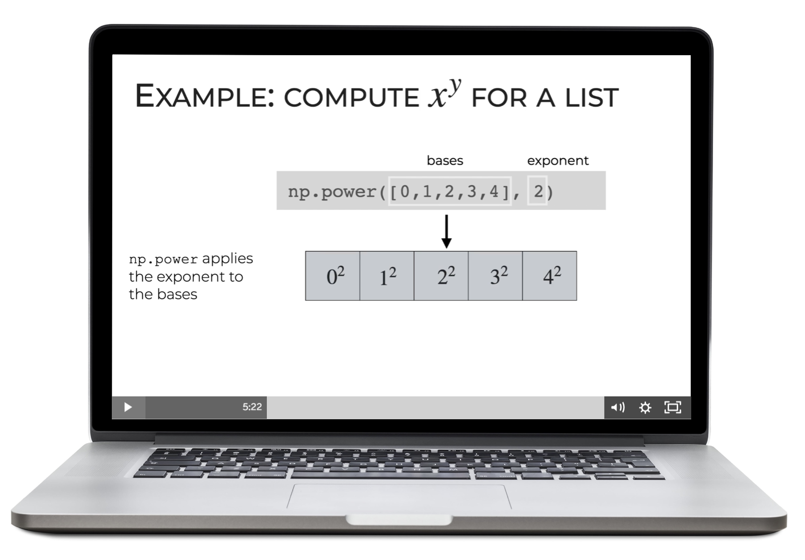 An image of a laptop showing how to use the Numpy Power function.