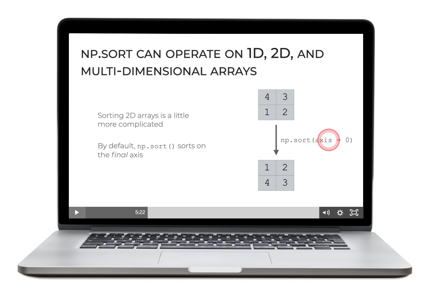 An image of a laptop, showing a video that's explaining how Numpy Sort works.