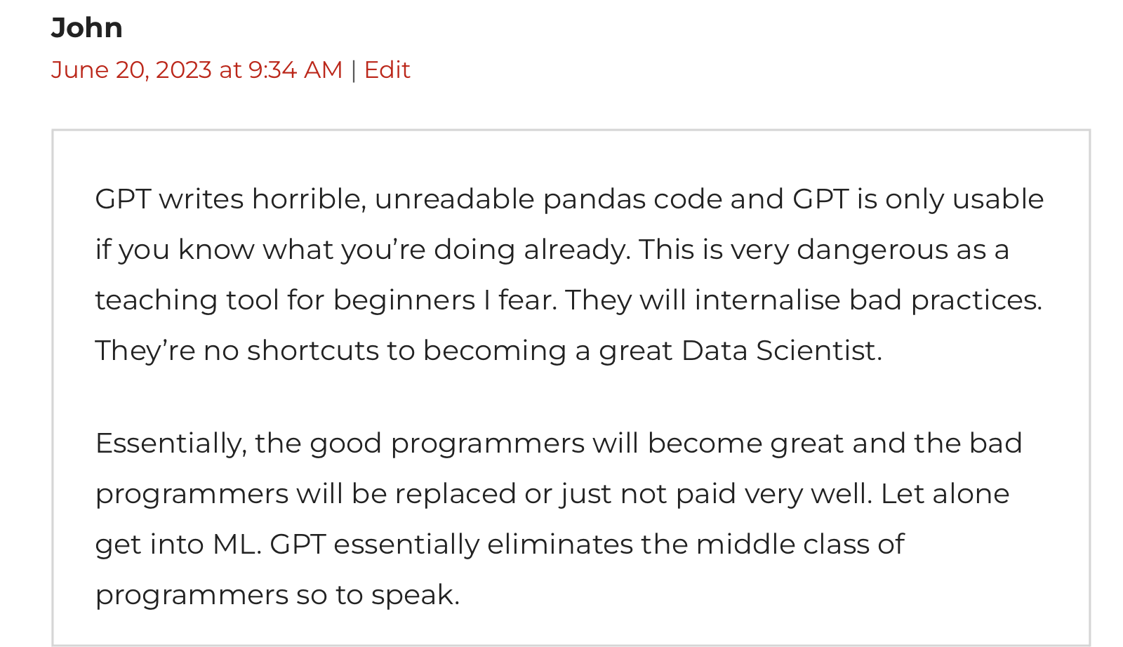 An image of a comment about GPT code, by a reader named John.