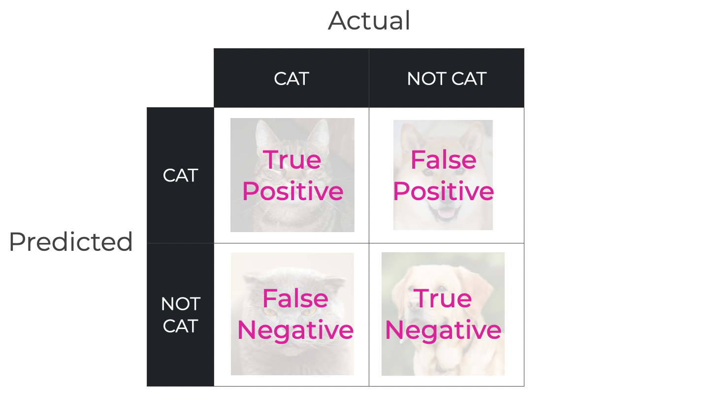 An image of a 2x2 matrix that labels true positive, true negative, false positive and false negative by quadrant.