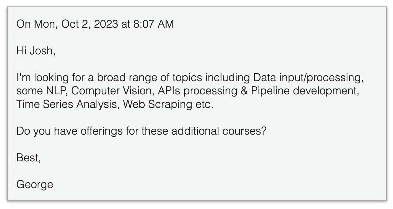 An image of an email asking about advanced courses.