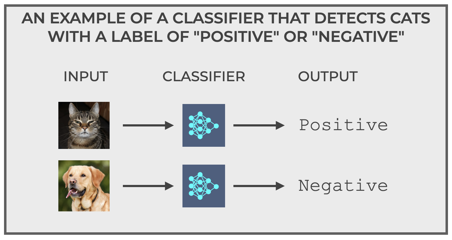An image that shows how our hypothetical cat detector system inputs images and outputs labels of "positive" or "negative" for cat or not cat.