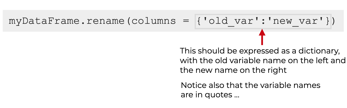 An image that explains that the argument to the 'columns' parameter must be a dictionary of 'old name':'new name' pairs.